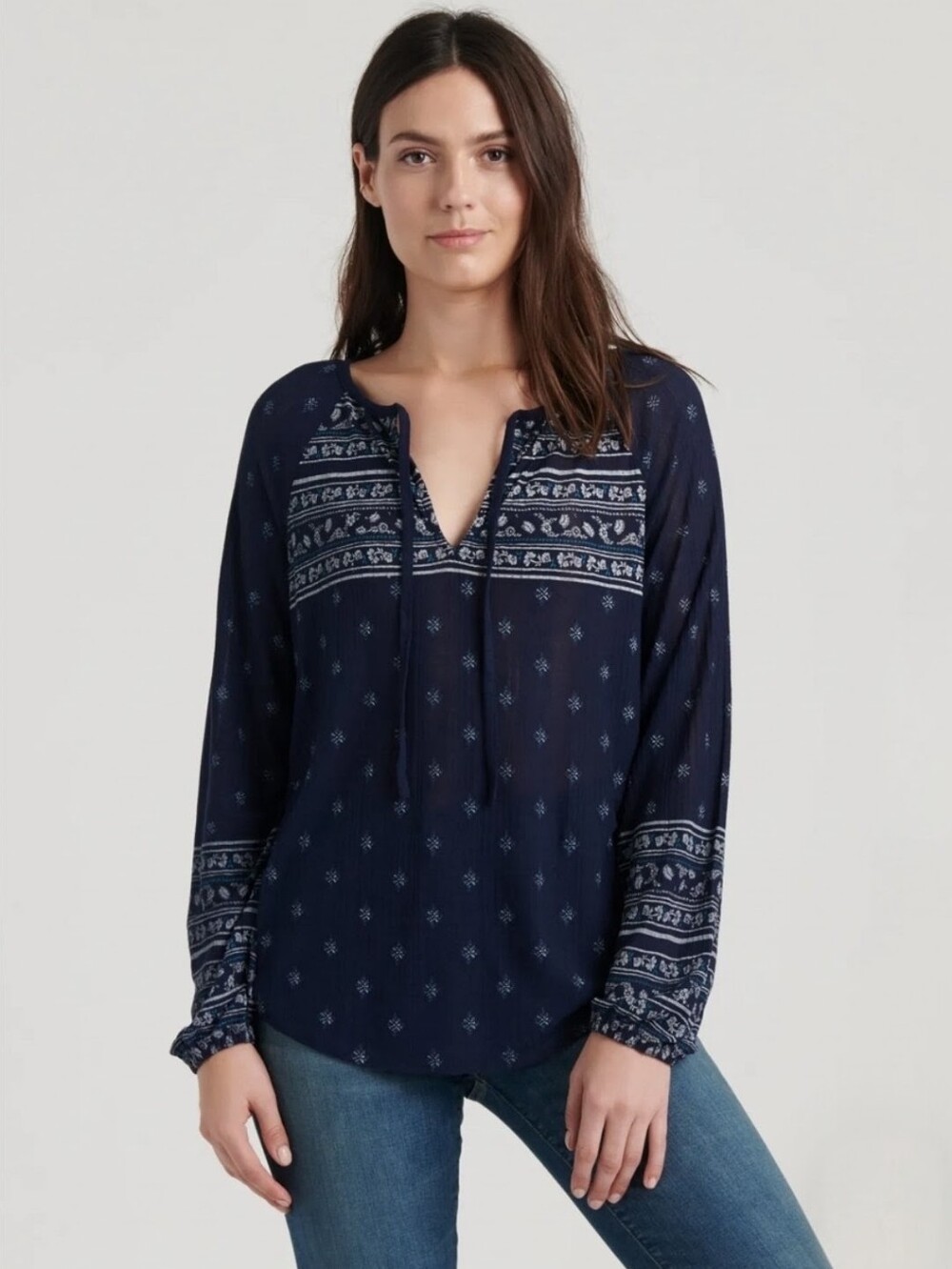 Lucky Brand Navy & White Printed Peasant Top Sz XL